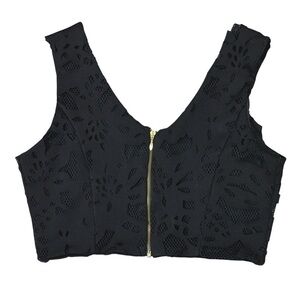 Karina‎ Grimaldi Black Laser Cut Zip Front Sleeveless Crop Top, Small